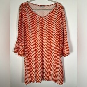 Ellie Kai orange white animal print silk lined shift dress flowy bell slv sz XL